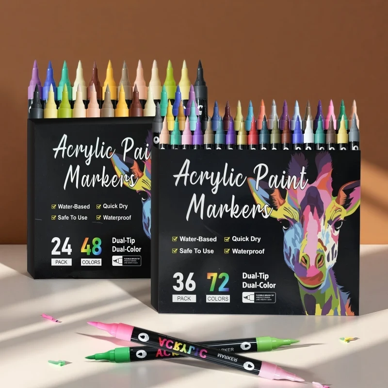 

24-120Color Dual-Tip Acrylic Paint Markers Set – Brush & Fine Point for Rock Painting, DIY Art, Drawing Craft Supplies