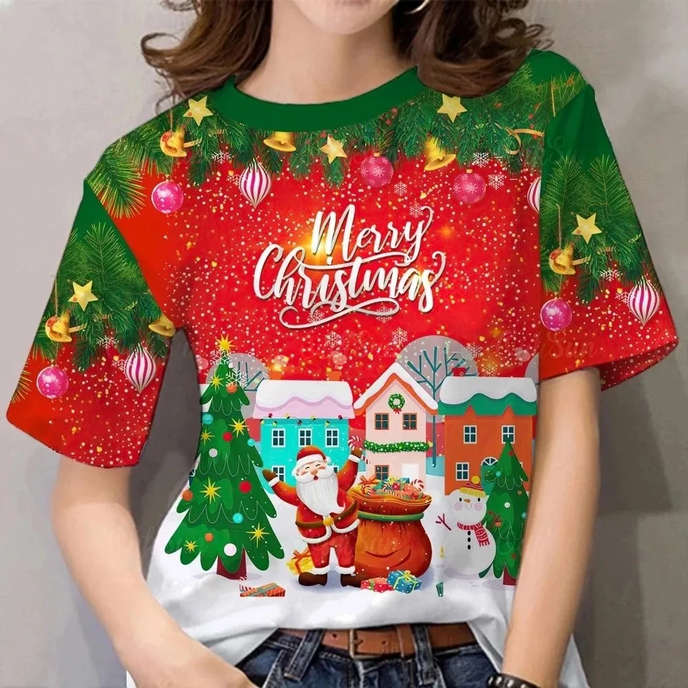 Merry Christmas Women's T-shirt - Festive 3D Print Of Santa And Christmas Tree Full Sublimation Casual Streetwear Clothing
