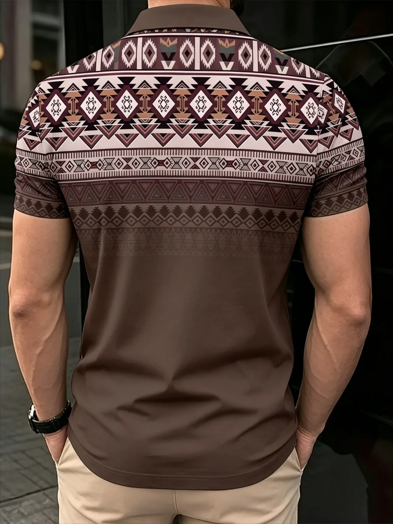 New men's short-sleeve polo shirt T-shirt, loose-fitting and tailored with printed patterns, versatile basic crew-neck top suita