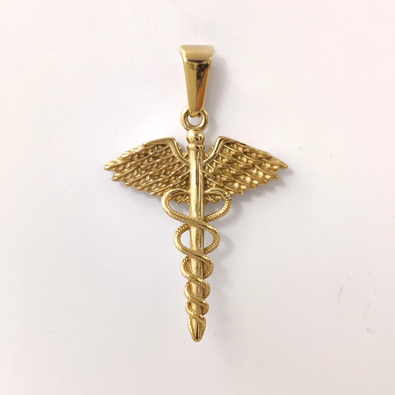 18K Gold Plated Stainless Steel Angel Wing Serpent Necklace - Greek Caduceus Pendant, Doctor/Nurse Charm Jewelry