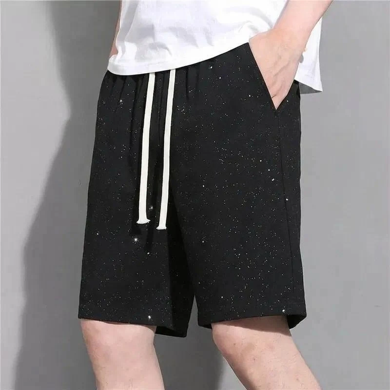 Men's Summer Black Star‑Dotted‑Print Casual Shorts, Ice‑Silk‑Feel Lightweight Knee‑Length Shorts For Home Sports Outdoor Daily