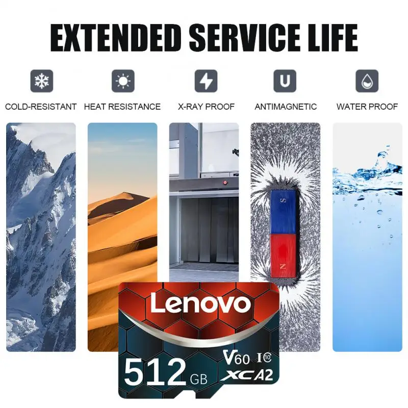 Lenovo-Cartão de Memória Original, Cartão Flash TF, Classe 10, UHS-1, Micro TF, Cartão SD para Samsung, PC, Tablet, Drone, 256GB, 128GB, 64GB, 512GB