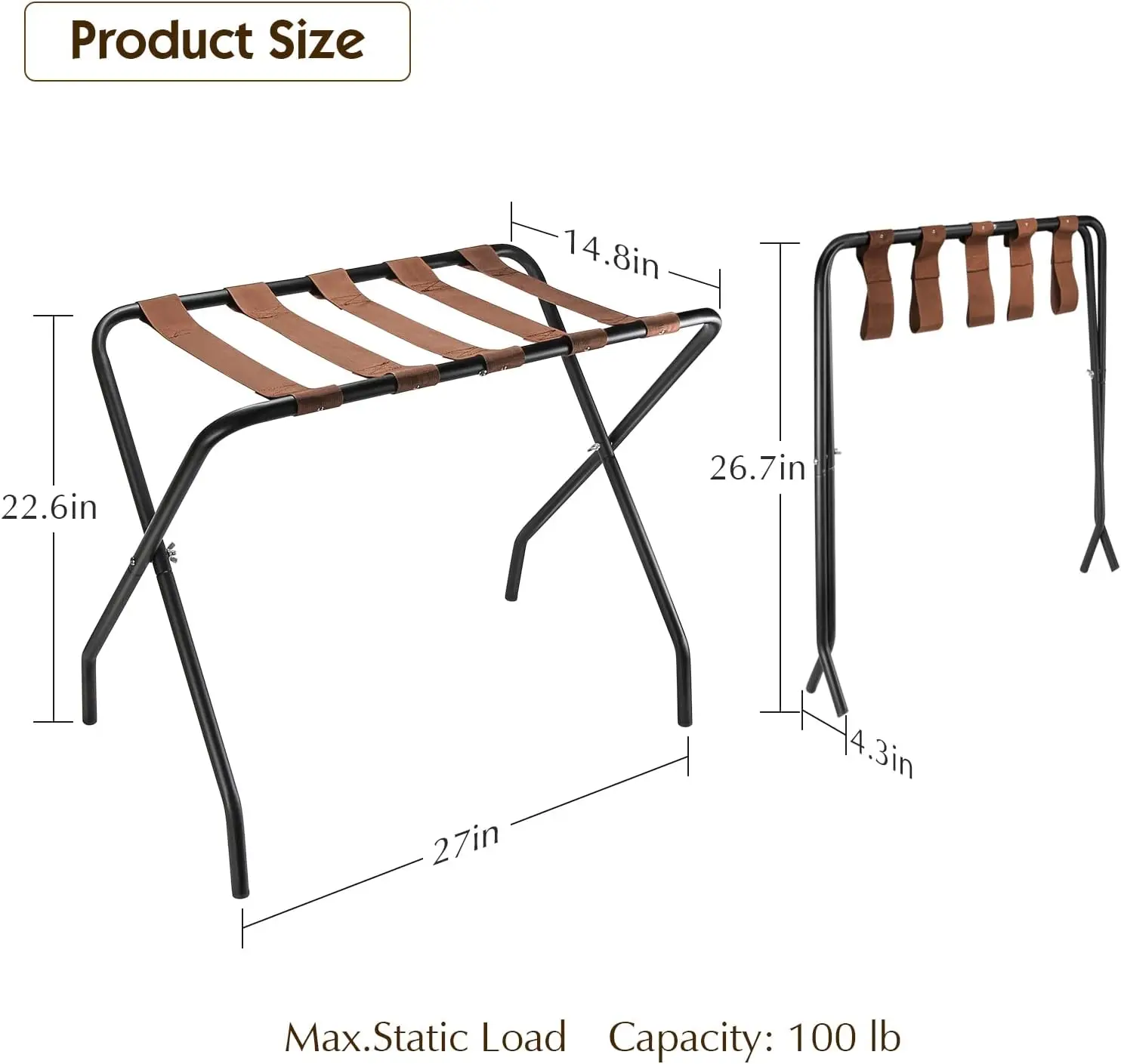 Folding Metal Suitcase Stand Shelf with Brown Nylon Straps and Steel Frame, Guest Room, Hotel, Bedroom, Closet Essentials