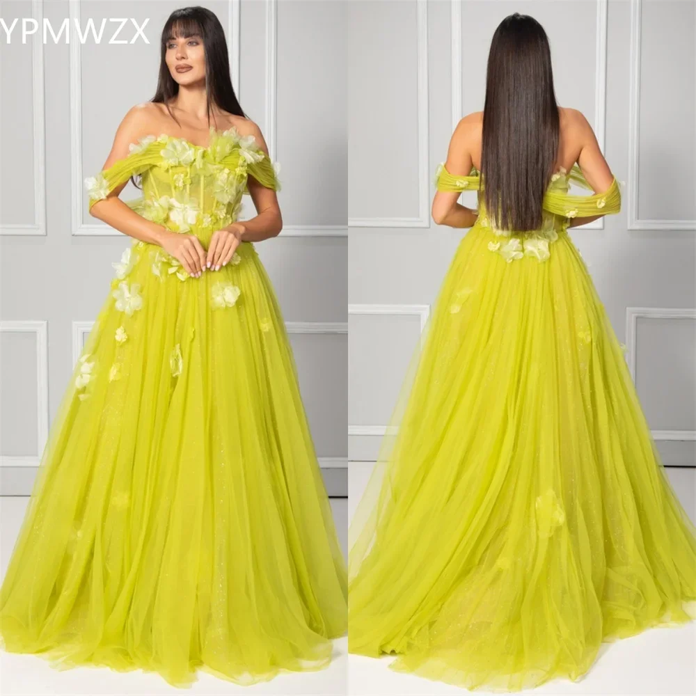 

Customized Women Party Dress Occasion Prom YPMWZX Off-the-shoulder Ball Floor Length Skirts Layered Draped Tulle Applique 3D Fl