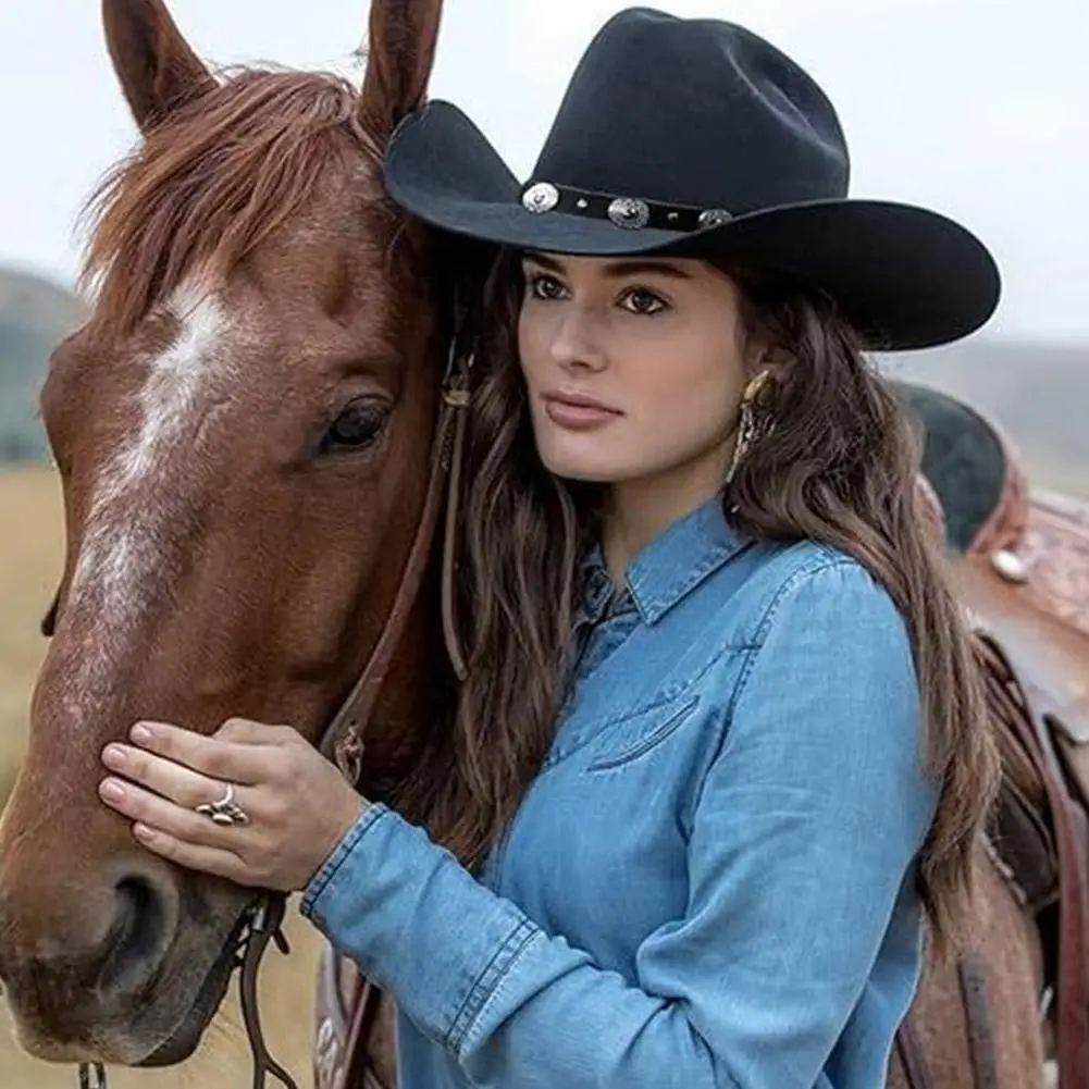 Black Western Cowboy Hats For Women Vintage Wide Brim Felt Fedoras Hats Gentleman Jazz Hats Lady Cowgirl Dress Cap Gifts