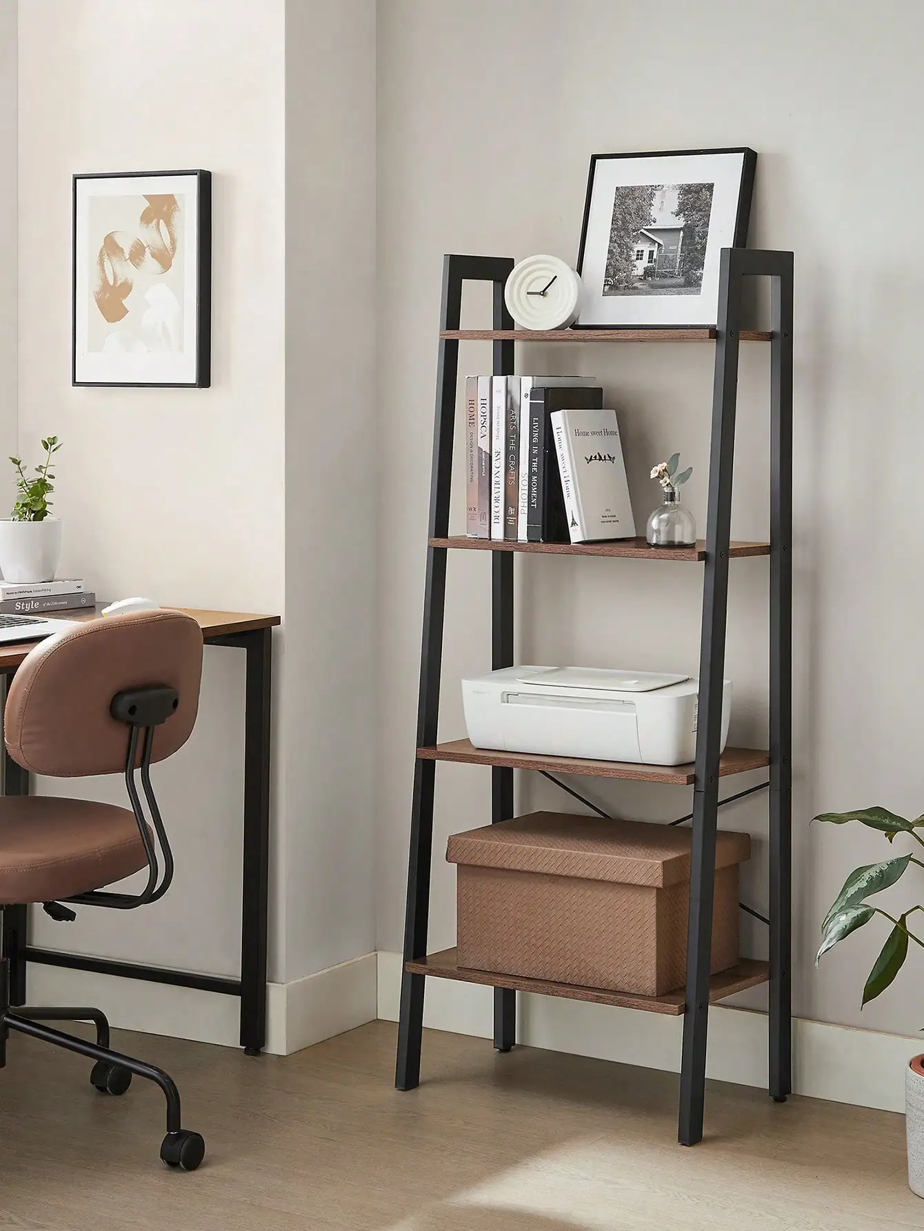

Ladder Shelf, 4-Tier Bookshelf, Storage Rack, Bookcase With Steel Frame, For Living Room, Home Office, Kitchen, Bedroom