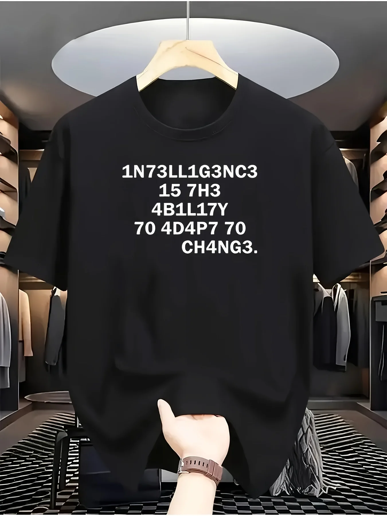 Round Neck Short-Sleeved T-Shirt with a Tech Code Style Digital Lettering Replacement for the Text 