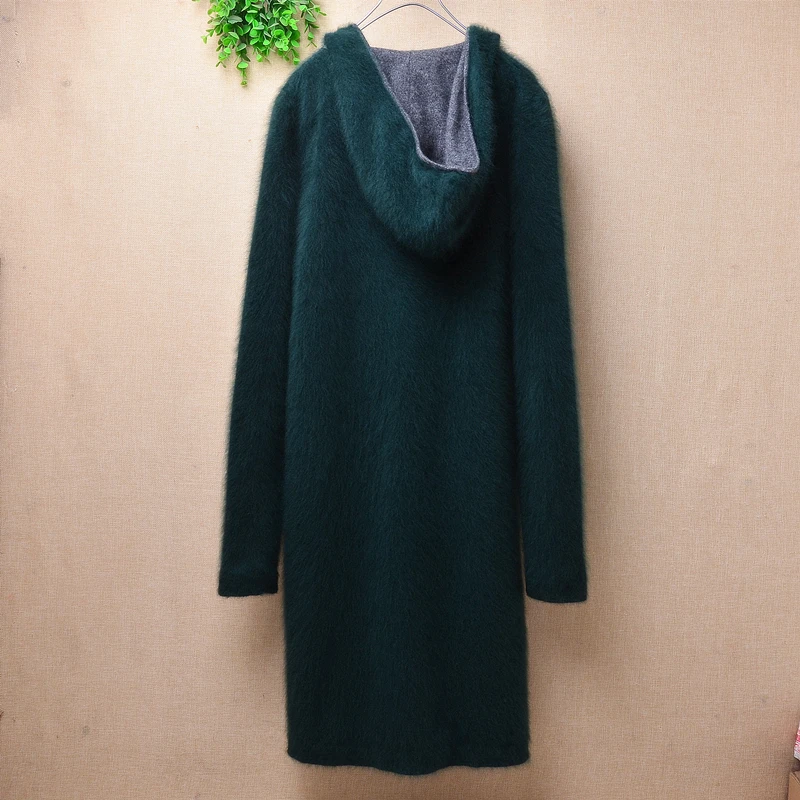 ladies women fashion green hairy soft mink cashmere knitted long sleeves hooded slim long sweater cardigan angora fur coat pull