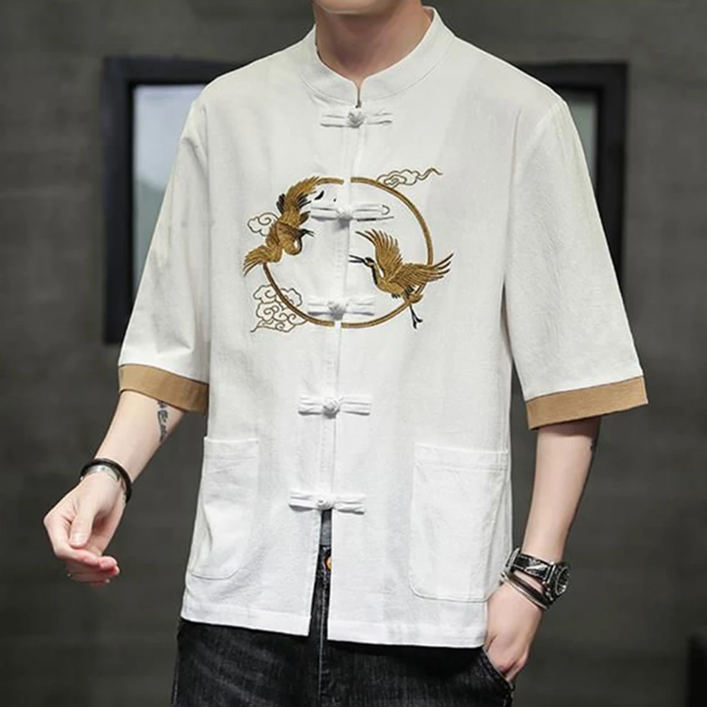 Chinese Style Men Embroidered Short Sleeve Shirts Tang Suit Retro Qipao Tops Cotton Linen Casual Blouse Zen Tea Cardigan Coats