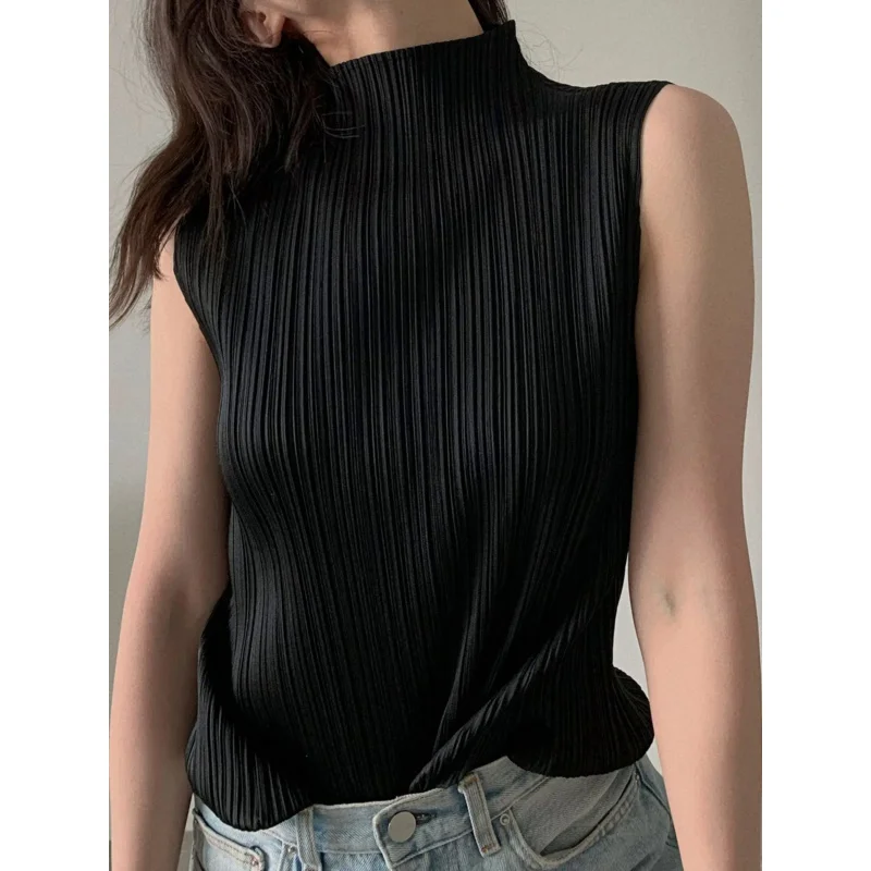 Miyake Pleated Elegant Fashion Temperament Solid Color Half High Neck Sleeveless Women\'s Vest 2023 Summer New Breathable Top