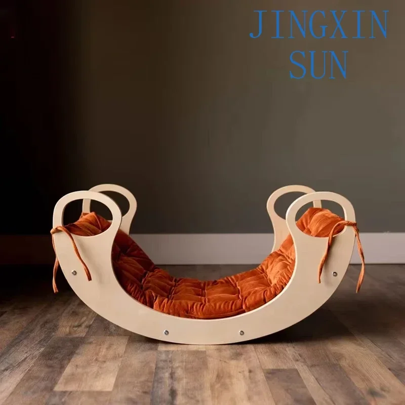  Rocking Chair with Pillow Multifunctional Wooden Balance Climbing Arch Rocker Board with Cushion Set