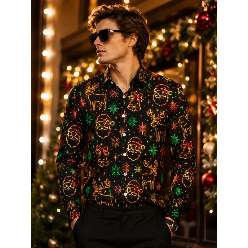 Autumn And Winter New Arrivals  Men'S Christmas Shirt  Holiday Gift  Colorful Santa, Reindeer, And Bells  Casual Wear