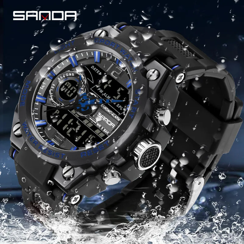 Sanda-Reloj de mano deportivo para hombre, cronómetro con pantalla Digital analógica, modo despertador, resistente al agua, estilo de moda, gran oferta, 6092