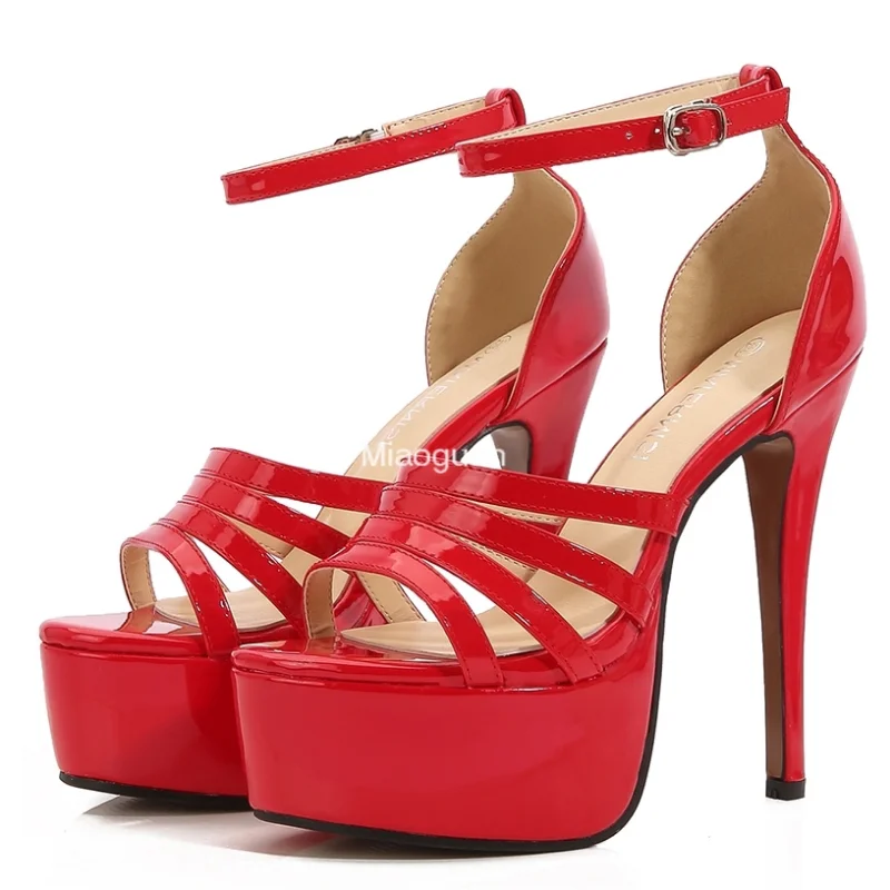 Red Pink Model Dress Shoes Sexy Nightclub Large Size Platform Women Summer High Heel Stiletto Patent Leather Ankle Strap Sandals