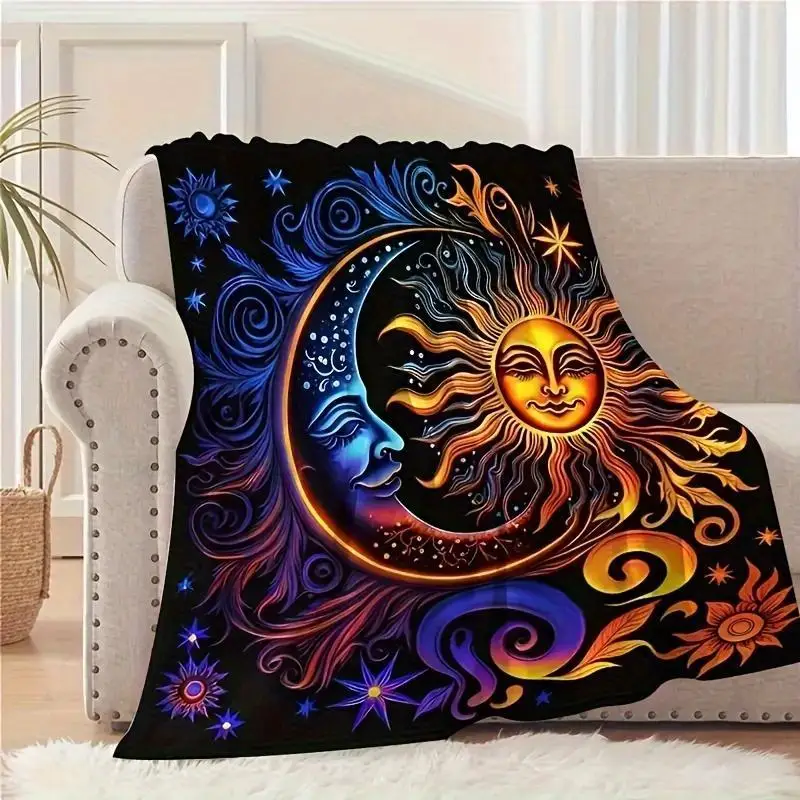 Sun and Moon Pattern Flannel Blanket Traditional Style Machine Washable Floral Pattern Tear and Stain Resistant Machine Washable