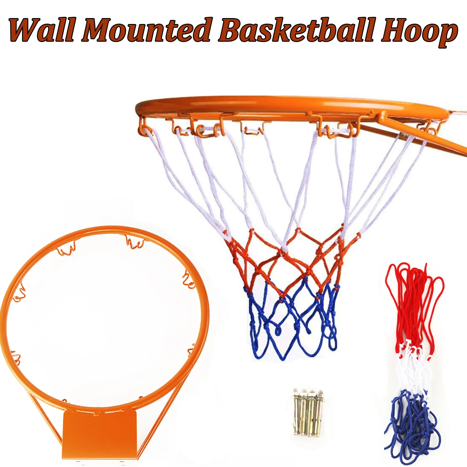 

32CM Kids Basketball Hoop Set Wall Door Mounted Basketball Solid Rim Frame with 1 Net 4 Expansion Screw Hanging Basketball Hoop