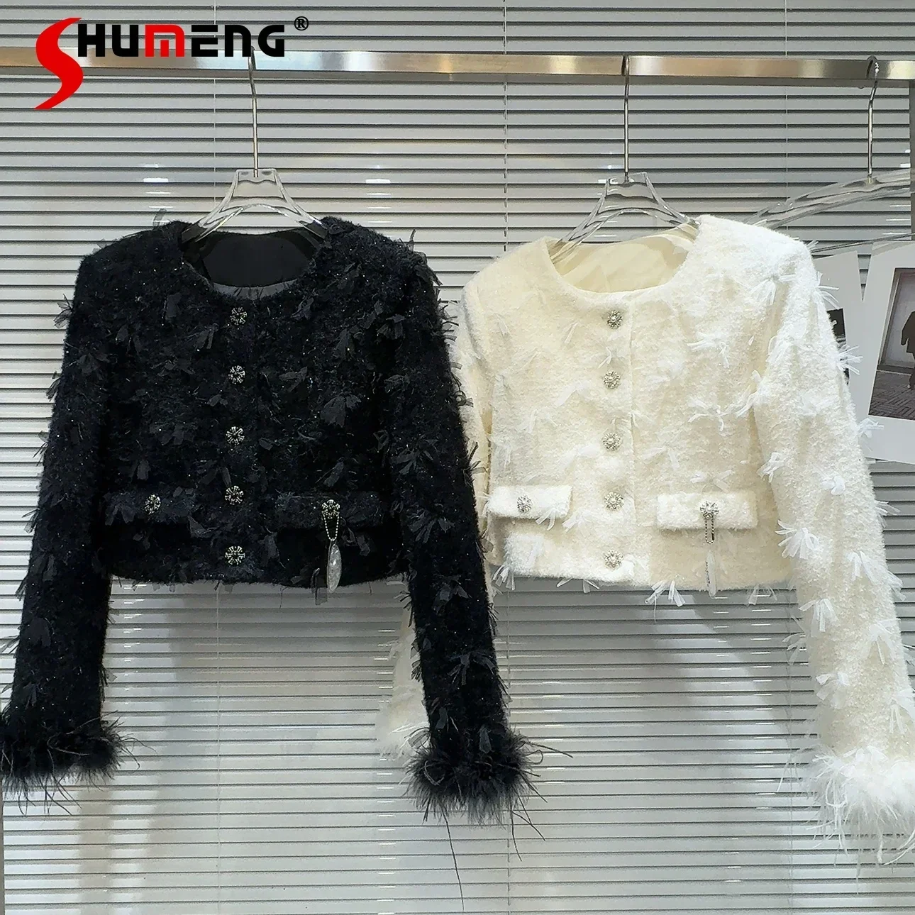 Fashion 2023 Winter New Ostrich Fur Sleeve Cloth Tweed Drill Buckle Down Lining Short Coats Feminine Long Sleeve Clothes