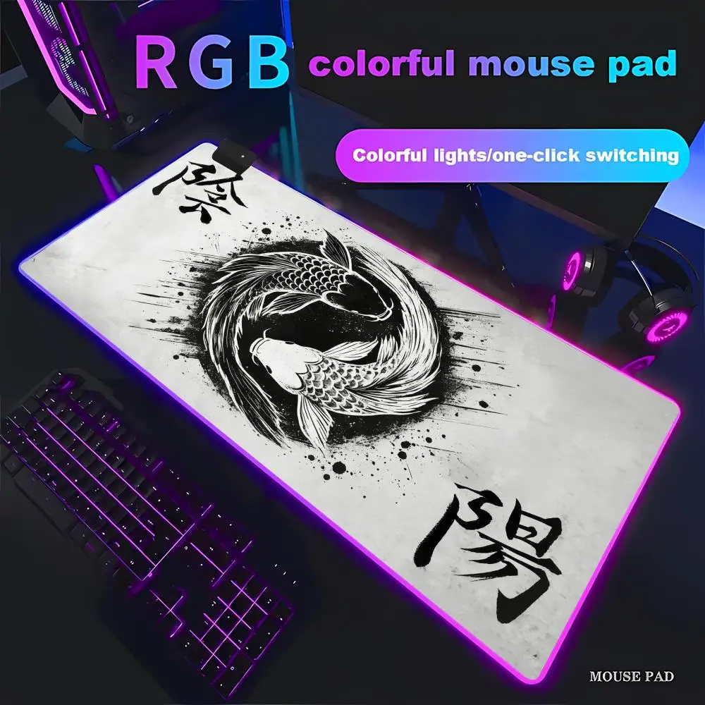 

HYBXAXC Ink-wash style koi pattern large office Mouse Pad Animation Games RGB HD Gamer LED XXL PC Computer pad Non-slip Decor