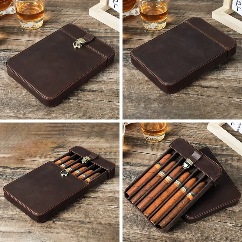 Retro Crazy Horse Cowhide Cigar Box Handmade 6 pcs Lock Drawer Cigar Moisturizer 1pack