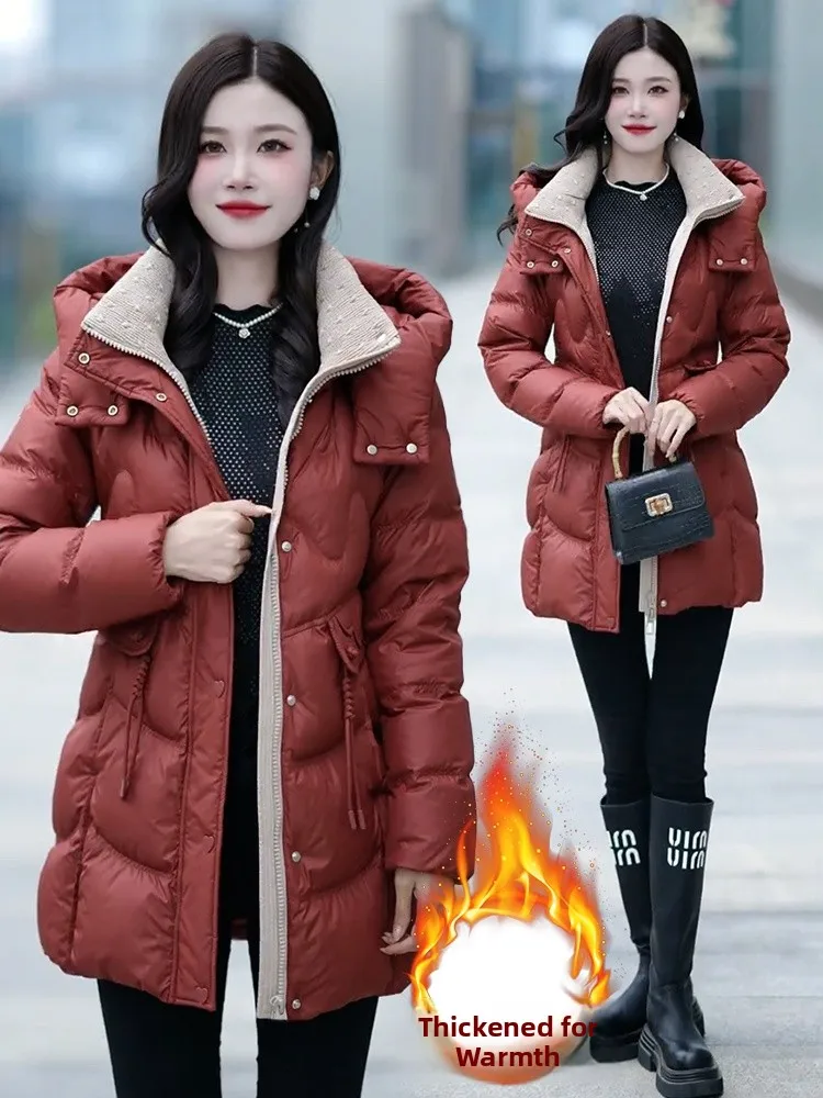 Thiened algodão para baixo Jaet feminino comprimento médio com capuz acolchoado casaco coreano sle commute solto ajuste longo sve fechamento com zíper