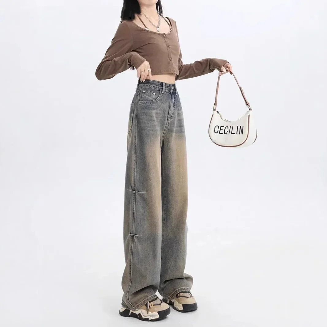 Pop High Waist Wide Leg Denim Jeans Women Plus Size Antique Bronze Color Faded Floor Length Loose Slimming Trousers