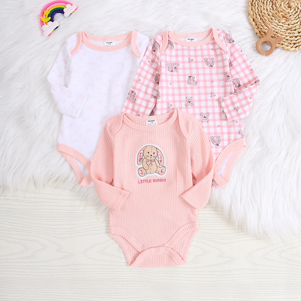 Baby-Mädchen-Strampler, Kleidung für Neugeborene, 3-teilig, langärmelig, Herbst- und Frühlingskleidung mit niedlichen Welpenmustern, 0–9 Monate