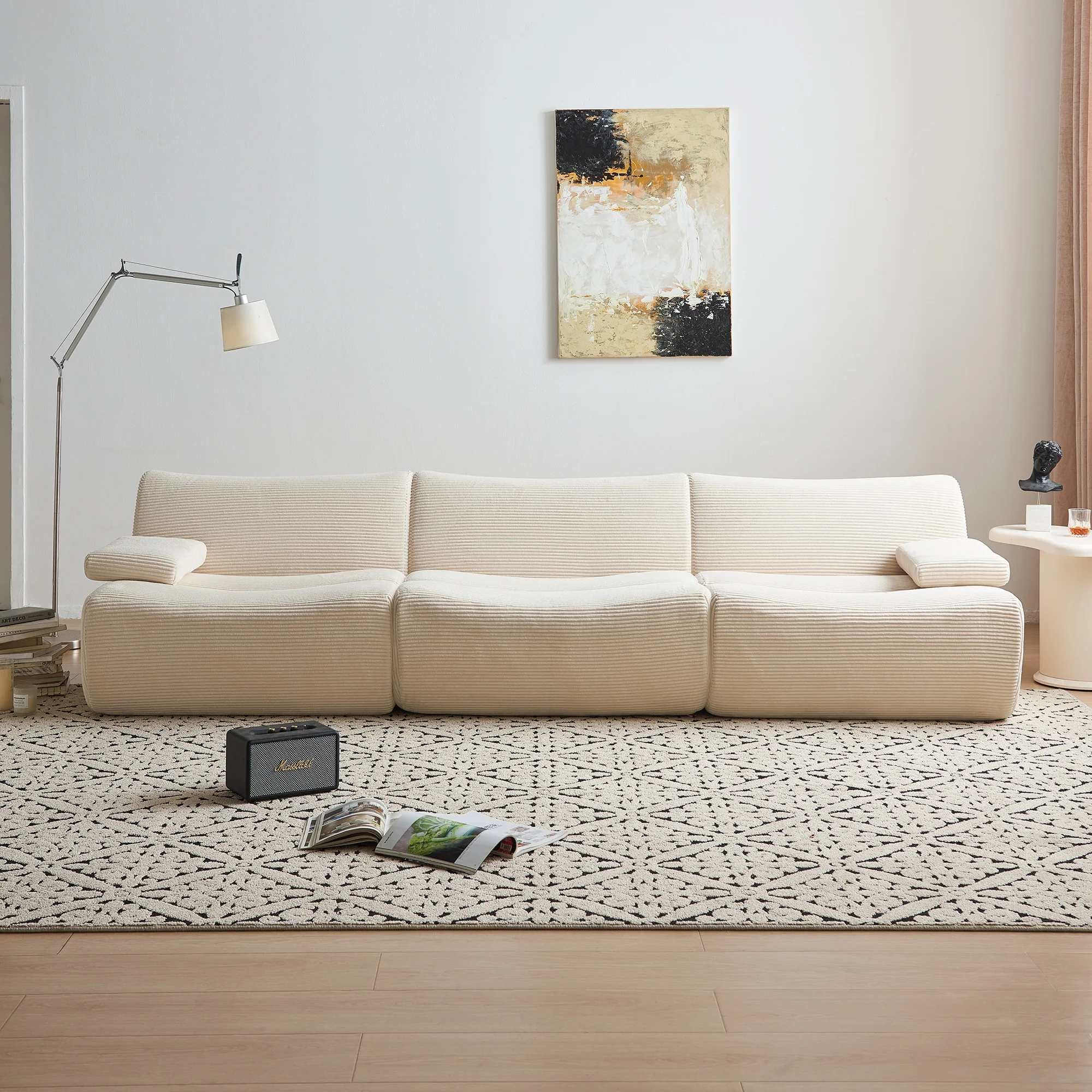 Comfortable Two Seat Modern Square Upholstered Compressed Corduroy Sofa Bed Set Modular Leisure Villa Beige Sofa Living Room