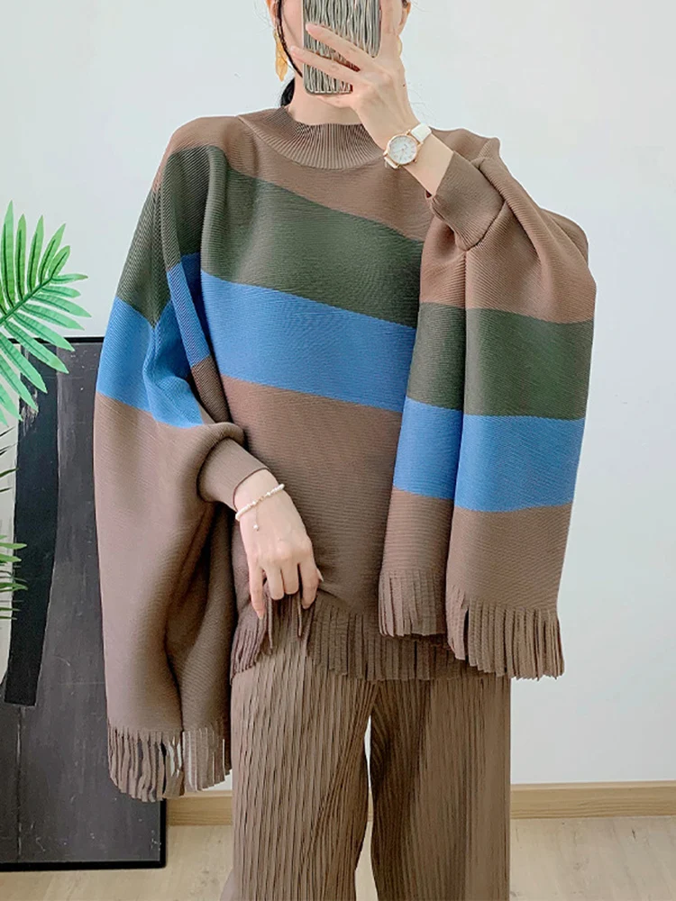 LANMREM 2 Pieces Pleated Pants Sets Women Striped Irregular Loose Shirt With Solid Color Wid Leg Pants Female Fashion 2DA3390