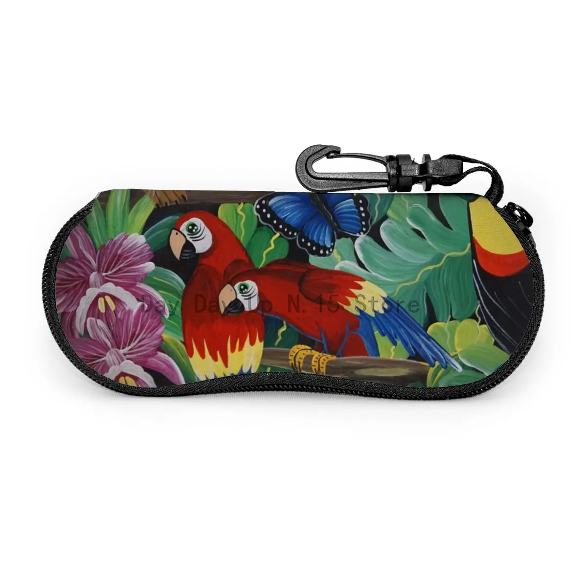 Parrot Macaw Family in The Tree Sunglasses Soft Case For Women Men Large Zipper Eyeglass Hook Case