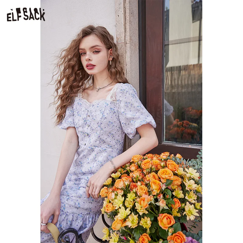 ELFSACK 2024 Summer New Ruffled puff sleeves floral temperament gentle holiday dress for women