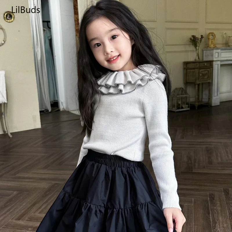 2024 New Korean Children's Cute French Retro Rice Grey Double-Layer Lotus Leaf Collar Sweater Girls' Base Shirt Outdoor Clothing