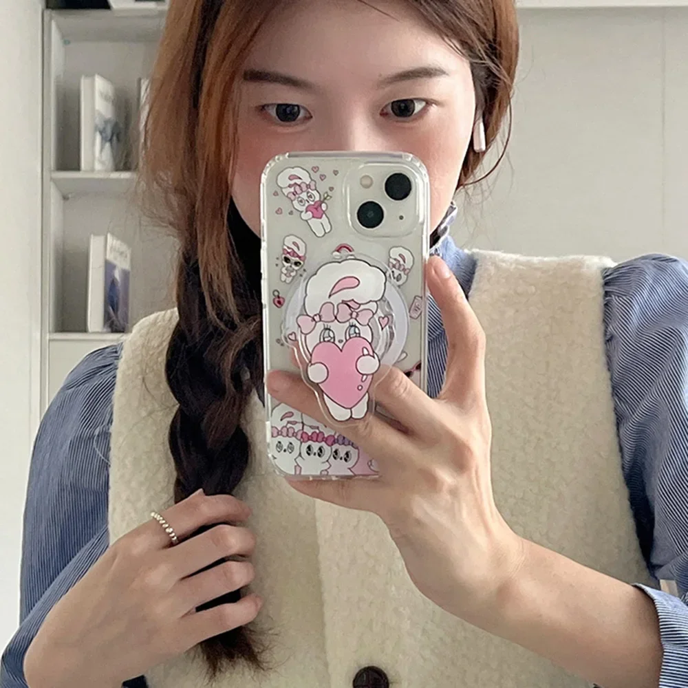 Cartoon Cute Pink Bunny dla Magsafe Magnetic Bracket Etui na telefon IPhone 15 14 13 12 11 Pro Max Anti-fall Back Cover Girl Gift