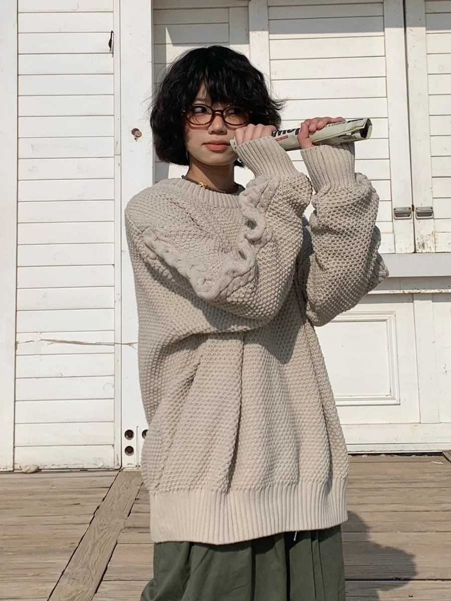 

Loose Casual Couple Long Sve round Ne Knitted Sweater Autumn Winter Heavyweight American Japanese Retro Sle Commute Fa...