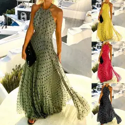 Moda Sexy Halter drukuj długa plisowana sukienka kobiety słodki O Neck okrycie plażowe szata lato bez rękawów Casual Boho Maxi Sundress