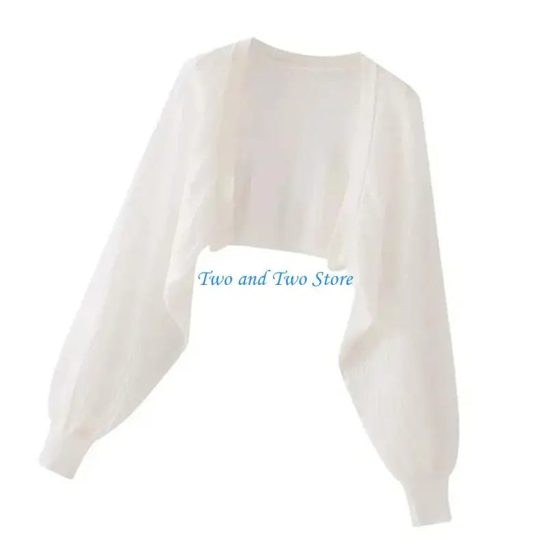 HX6F Hollow Knit Long Sleeve Short Cropped Cardigan For Women Lightweight Casual Outerwear Open Front Sweater Boleros Shrug