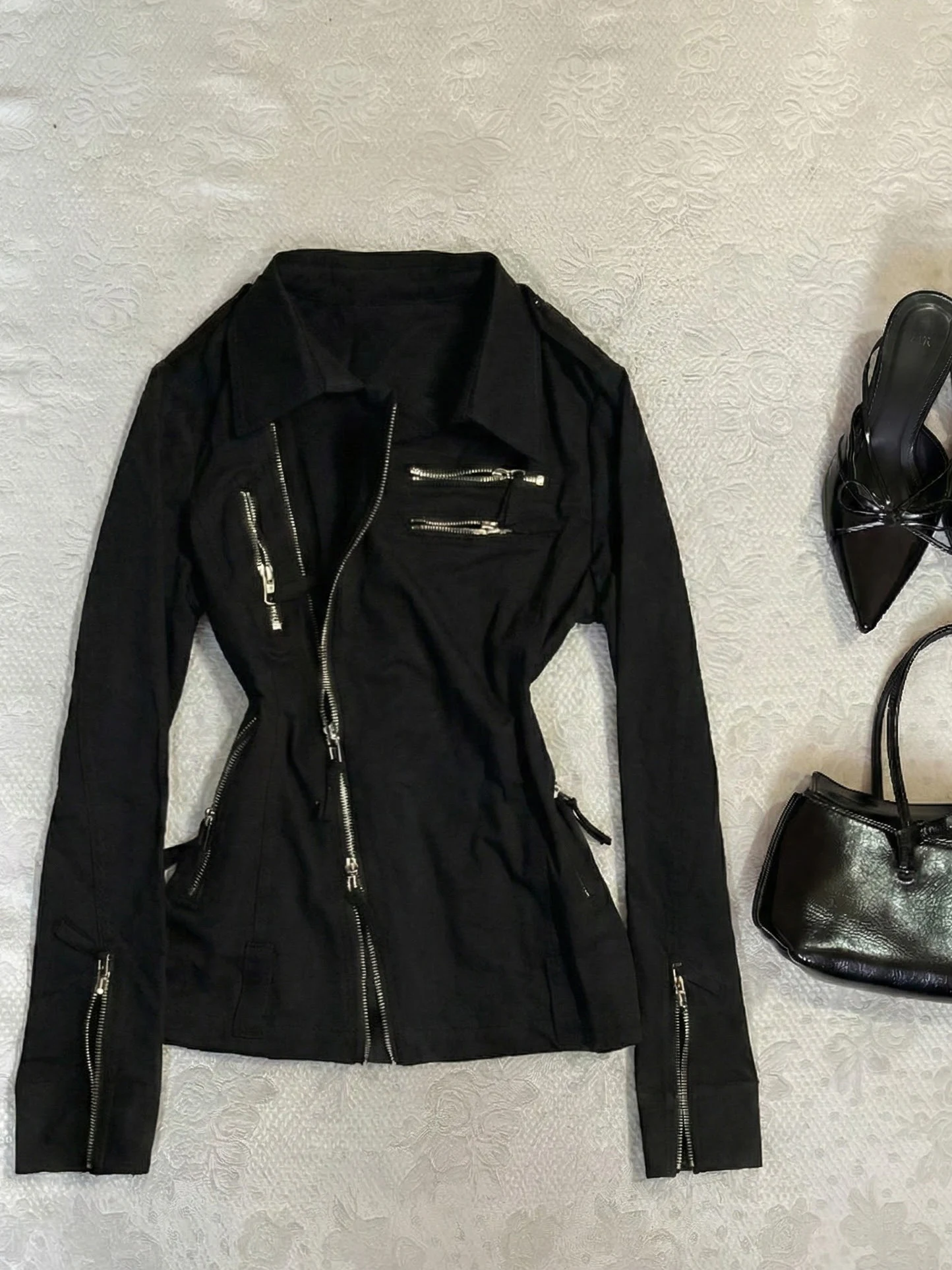 

Boyo Girl Retro Bla Asymmetrical Zipper Design Motorcycle Jaet Women's Trendy Spring Autumn Sle Regular Sve Length