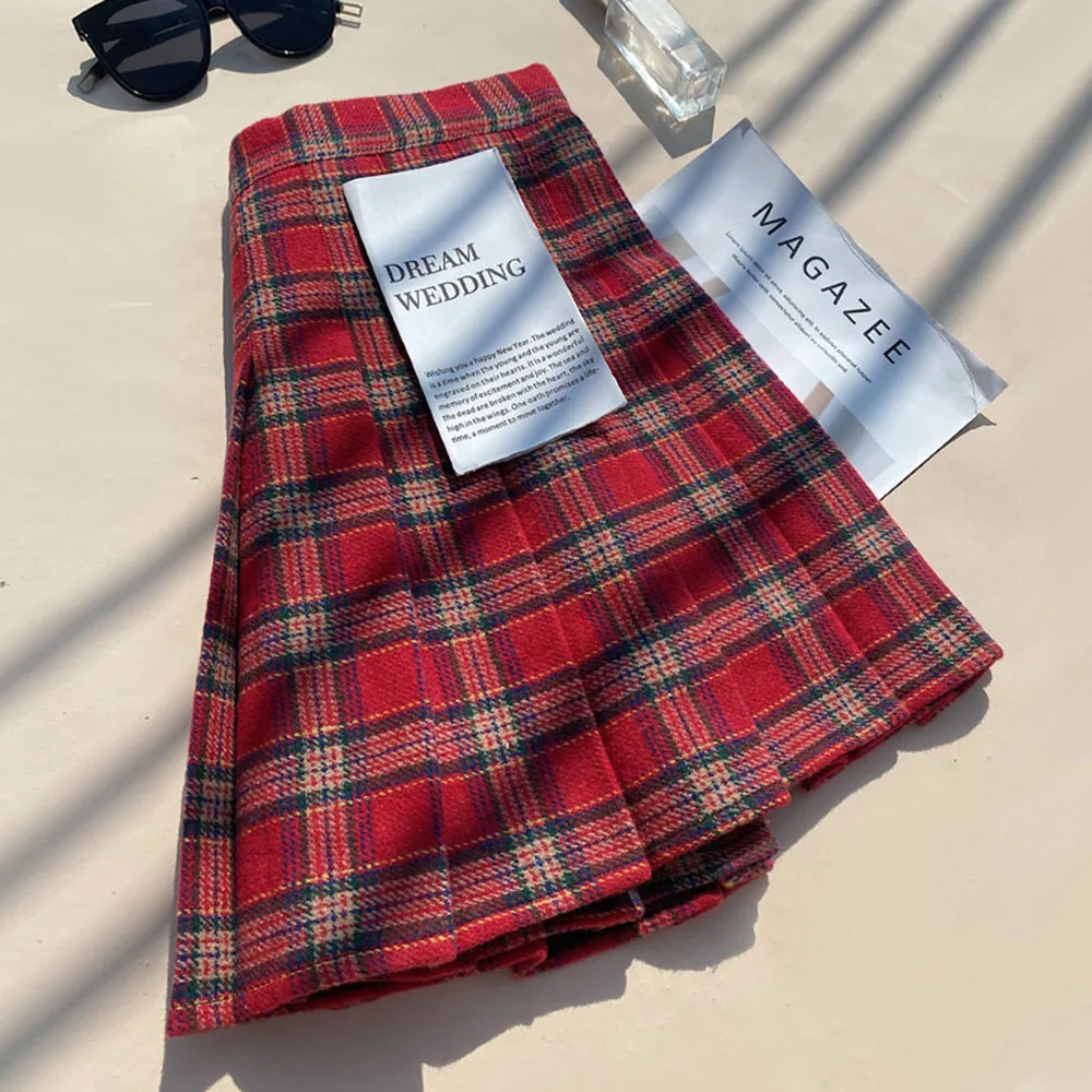 Plaid Woolen Blends Pleated Skirt For Women Fall Winter High Waist A-line Skirt Ladies Fashion Khaki Mini Skirts Vintage Female