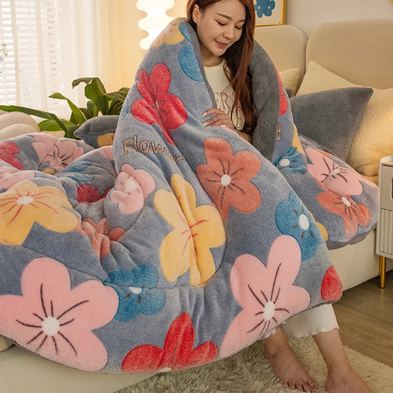 Floral Snowflake Velvet Autumn Winter Blanket for Bed Queen Thickened Warm Plush Comforter Fluffy Soft Lambswool Thick Blanket