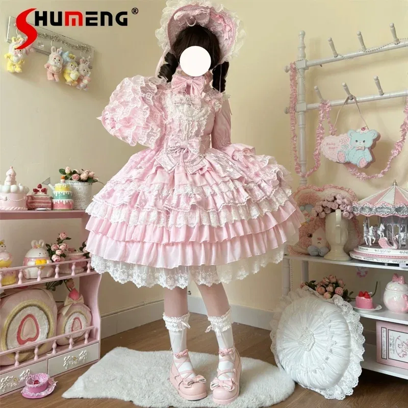 

Original Design Lolita Pink Suspender Dress Jsk Women's Cute Sweet Girl Pink Lace Big Bow Princess Party Dress Long Sleeve Shirt