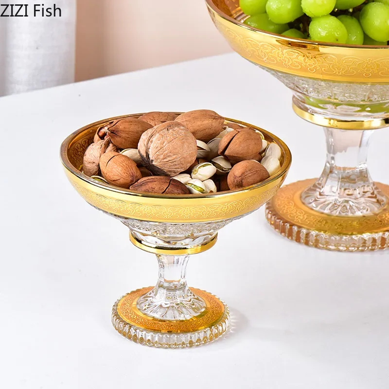 Golden Glass Tray Fruit Dish Desktop Storage Geometry Tall Feet Kitchen Storage Crystal Glass Plate Modern Home Decoration