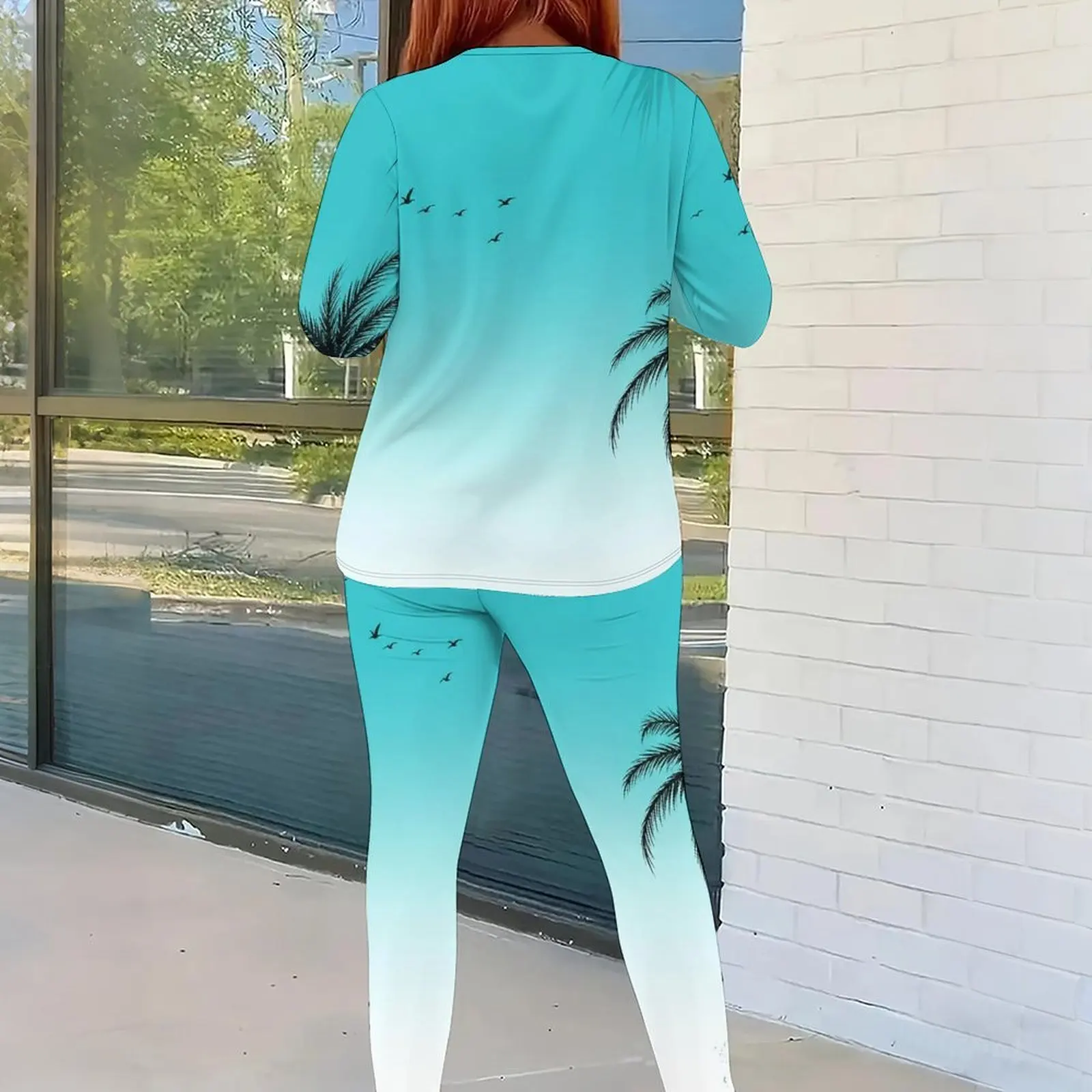 Women Turquoise Gradient Palm Bird Printed Long Sleeve Top and Fitted Pants Two Piece Set