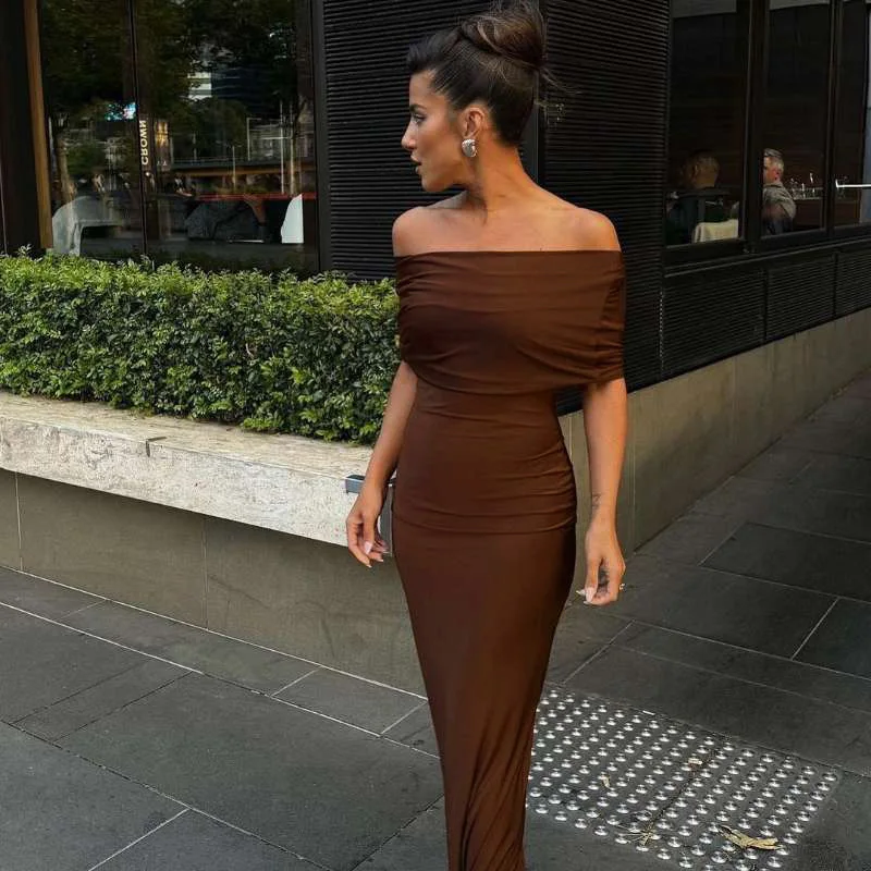 Brown Women's Prom Dress Full Sleeves Sexy Off Shoulder Backless Summer Long Maxi Party Gown Holiday Streetwear Skirt Robes