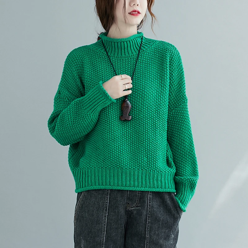 Women's Monochromatic Green Knitted Sweater, Pullovers, Thick, Warm, Casual, All Match, Female Pulls, Outwear Tops, Oversized