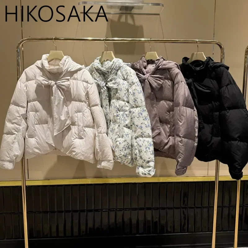 Hooded Bow Abrigos Invierno Print Down Outerwears Winter 2024 New Woman Jacket Japanese Warm Chamarras Long Sleeve Mujeres