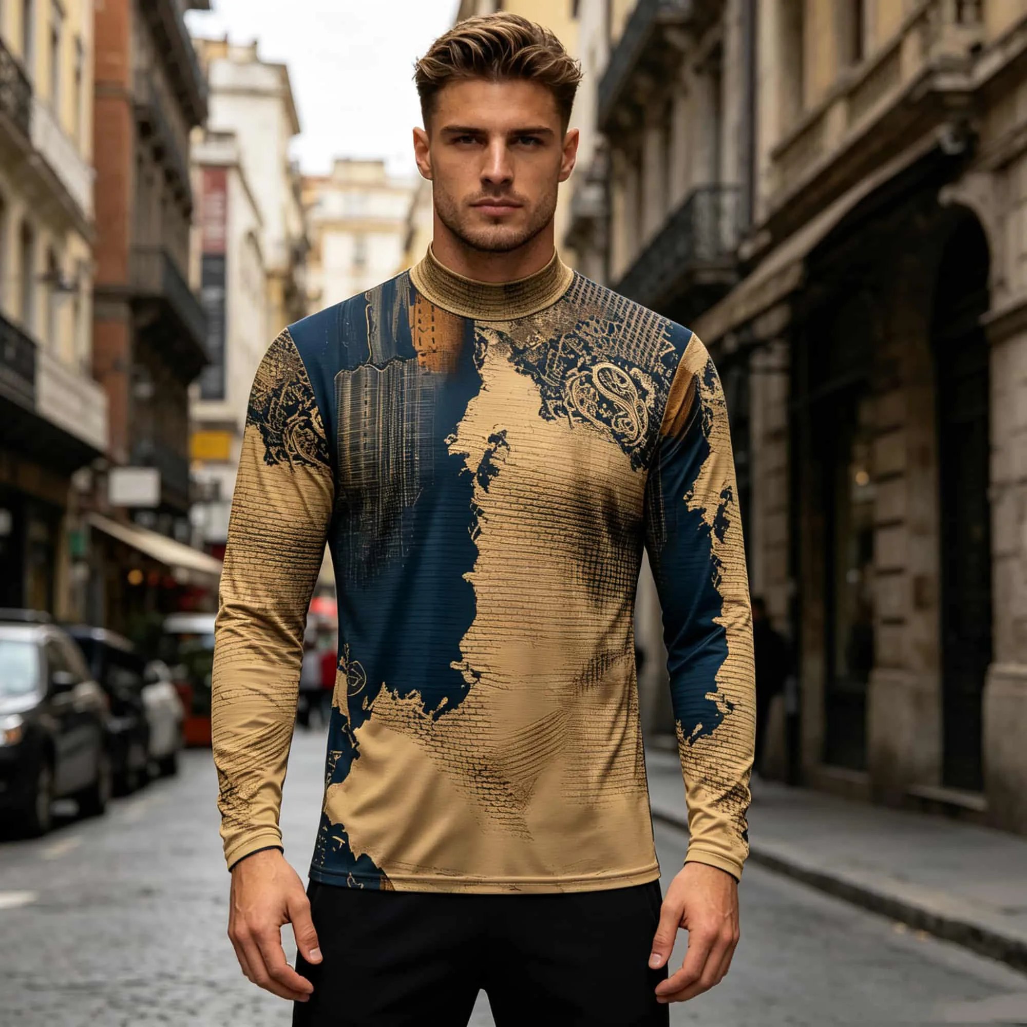 Retro Geographic Graphic Men Long Sleeve Pullover Distressed Texture Print Breathable Casual Street Fashion Shirt