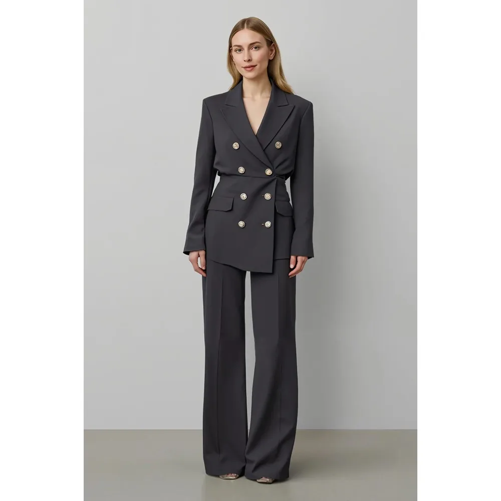 

Women’s Tailored Gray Pantsuit, Double-Breasted Long Sleeve Blazer with Metal Buttons & High-Waist Pants, Professional