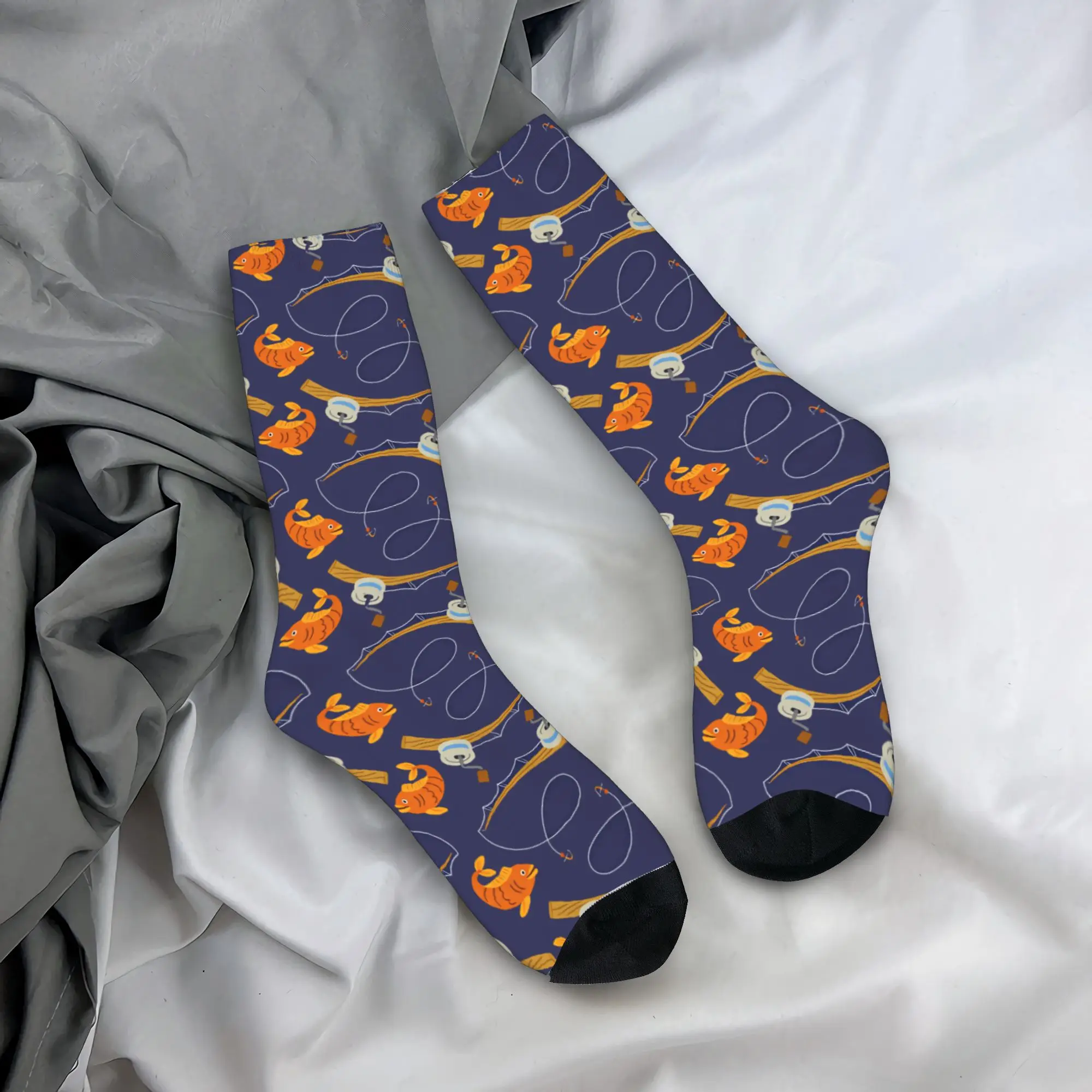 Fish And Fishing Rod Dark Blue Seamless Pattern Socks  Leisure Stockings Men High Quality Outdoor Sports Socks Non Skid Socks