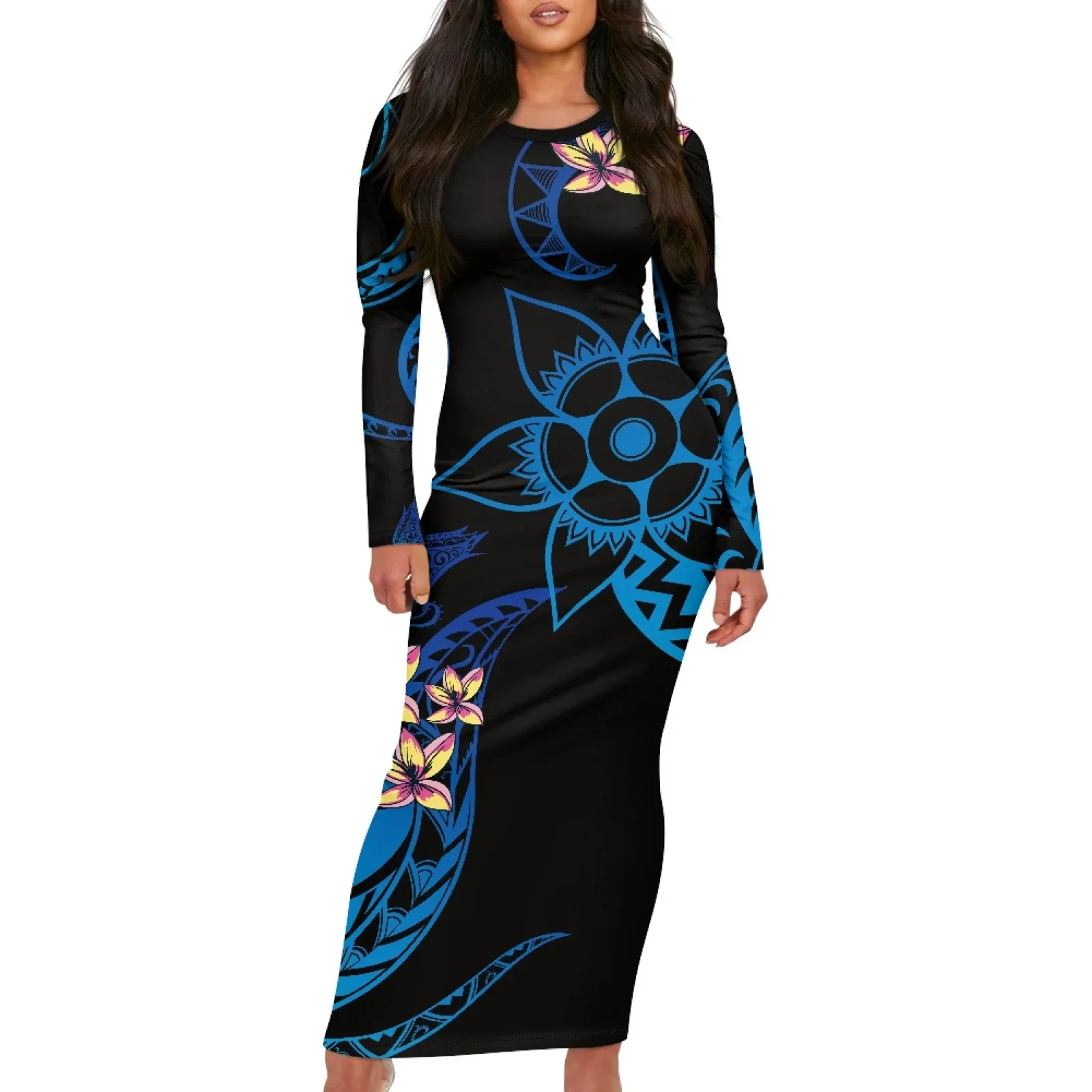 Polynesian Tribal Fijian Totem Tattoo Fiji Prints New Lady Knitted Hibiscus Long-Sleeved Dress Sexy Maxi Evening Party Dresses