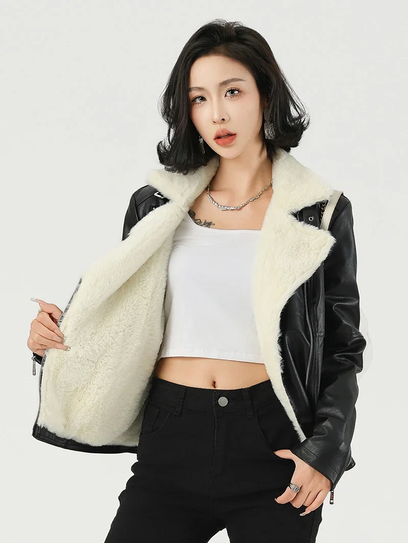 

Fashion Imitation Leather Coat Plus Velvet Winter Short Women's Pu Leather Padded Jacket New Notched Collar Black Coat Female