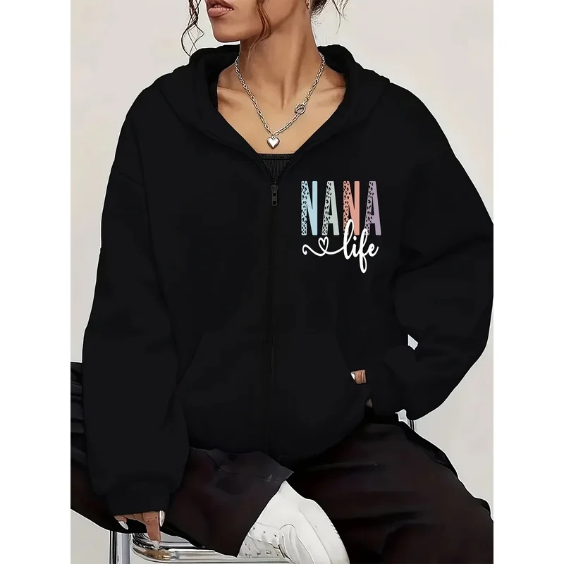 Women'S Comfort Fleece Lined Hoodie with NANA Print - Zip Up Sweatshirt Jacket, Long Sleeve, Front Pocket